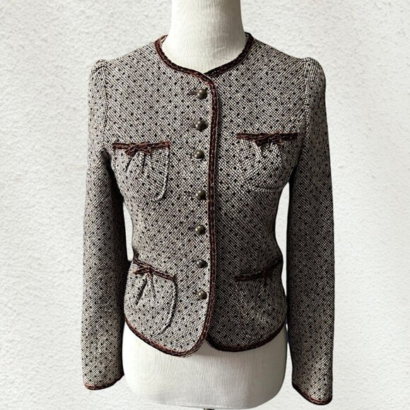 Agnes B. Vintage Wool Collarless Tweed Blazer Jacket with Brown Velvet Piping